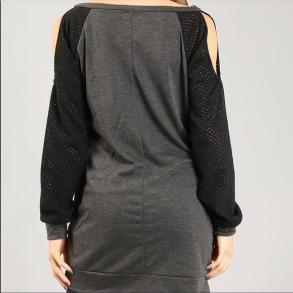 Black Gray Tunic Cold Shoulder Top - Picture 4 of 4